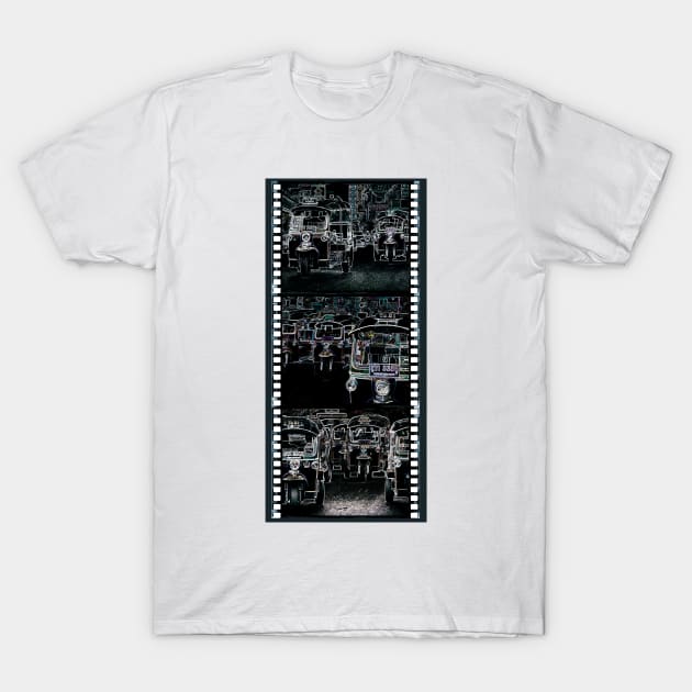 Tuk Tuks At Night In Thailand - Abstract Triptych Illustration With Film Strip Framing T-Shirt by VintCam